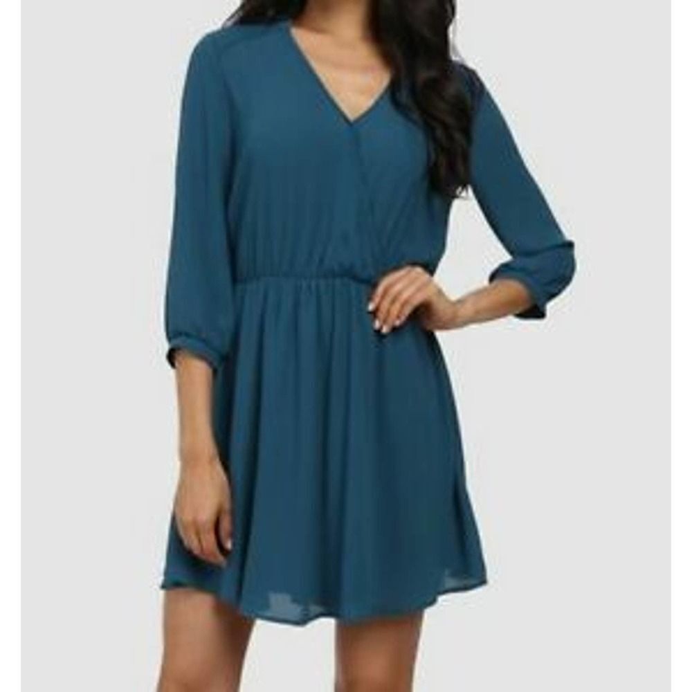 Brigitte Bailey Blue teal cinch Waist faux wrap Long Sleeve Dress Womens s